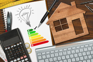 Energy efficiency rating graph on a desk with a wooden house model, calculator, folding ruler, light bulb and a computer keyboard