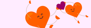 kaks südant, millele on rõõmsad näod joonistatud lendlevad roosal taustal.