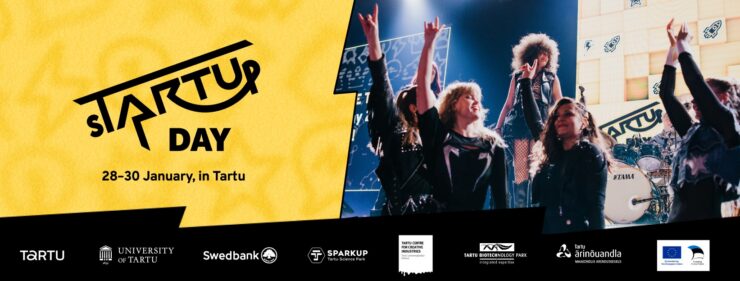 Pildil on naeratavad naisterahvad sTARTUp Day avasõul esinemas. Vasakul pool on toodud sTARTUp Day toimumisaeg ning -koht, 28.–30. jaanuar Tartus.