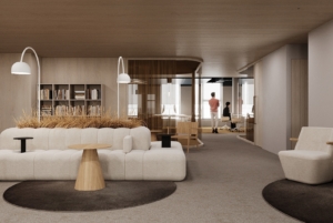 Fotol on lähiaastatel valmiva Ülemiste City büroohoone sisedisaini näidis.